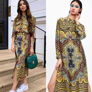 Zara Satin Maxi-Shirt Tunic Midi Dress / Kimono Paisley Print